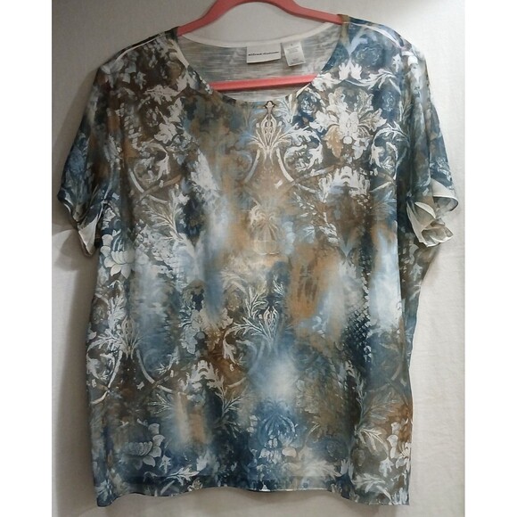 Alfred Dunner Women’s Large Blue Beige Baroque Abstract Print Short Sleeve Top - Picture 1 of 7